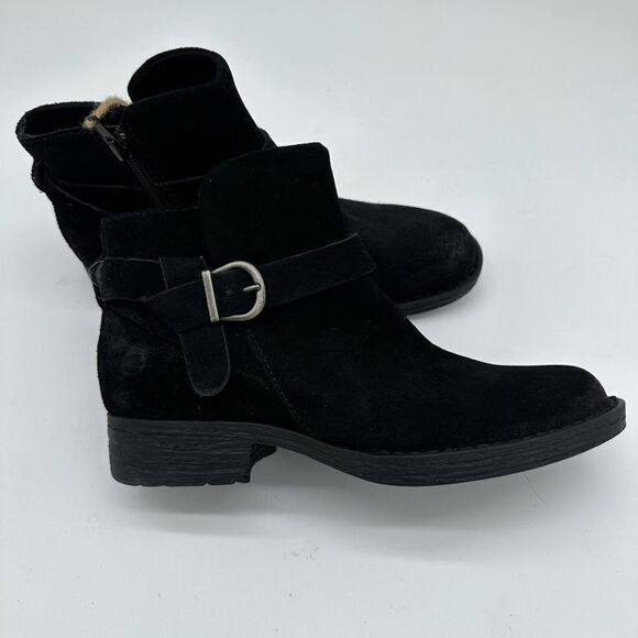 Born Lesley Black Suede Side Buckle Strap Round Toe Low Heel Bootie - Picture 3 of 7
